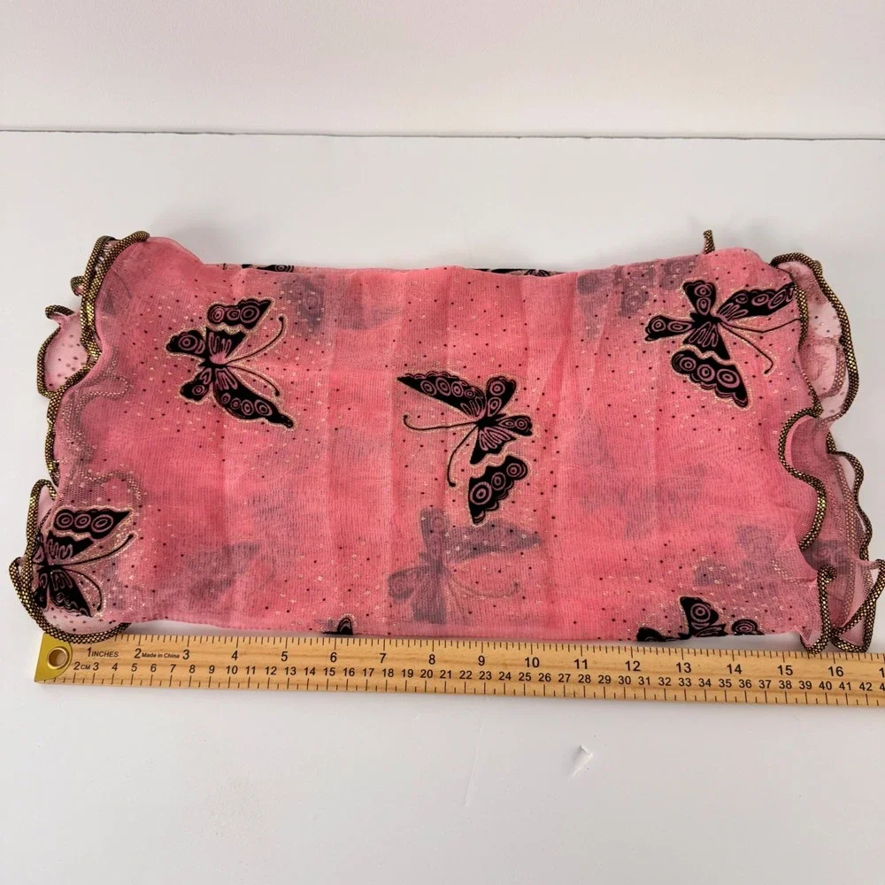 Butterfly Print Mesh Scarf Women OS Pink Sleeveless Glitter Lettuce Edge Sheer